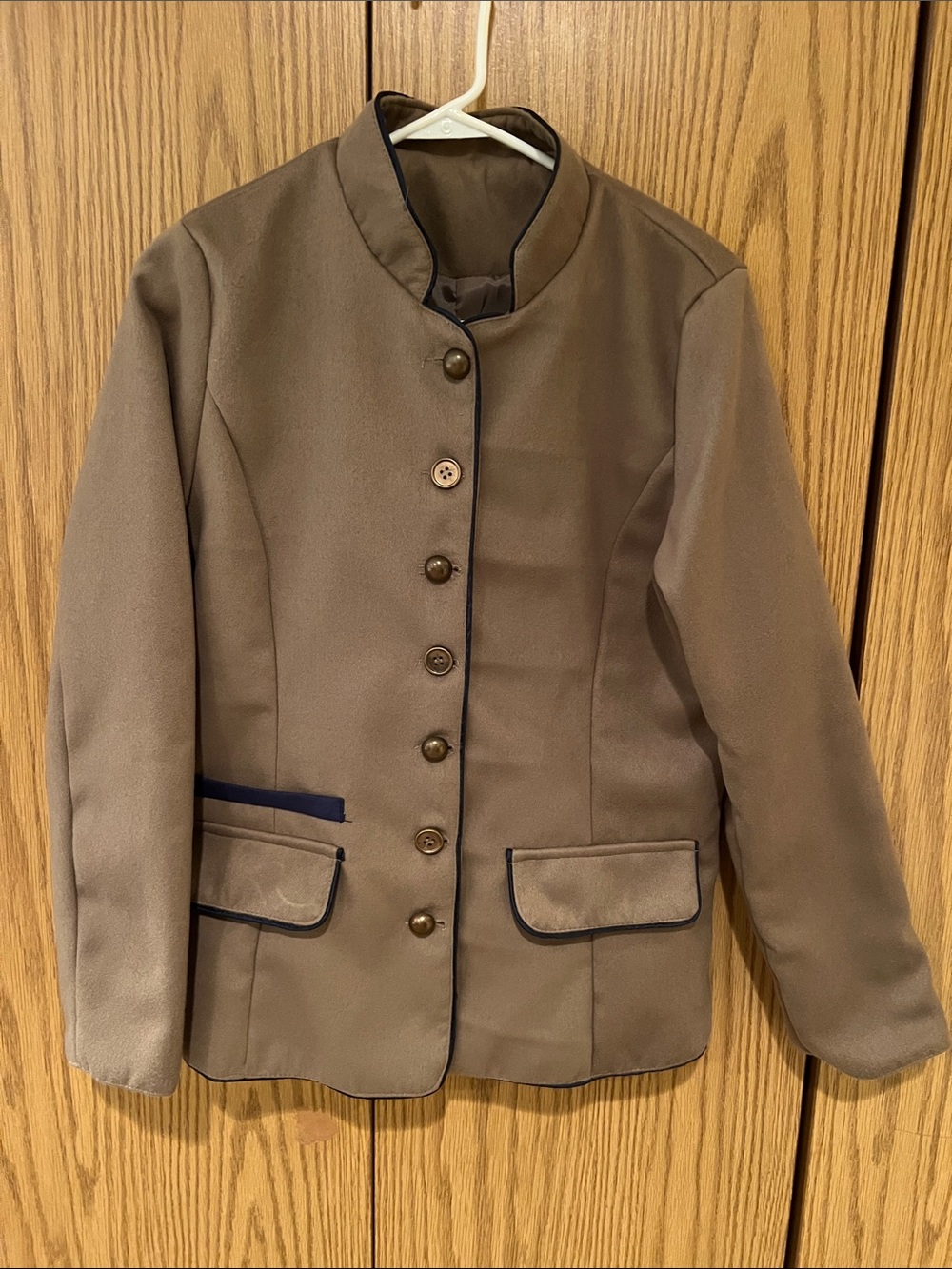 Taupe Women's Button-Front Blazer with Navy Trim